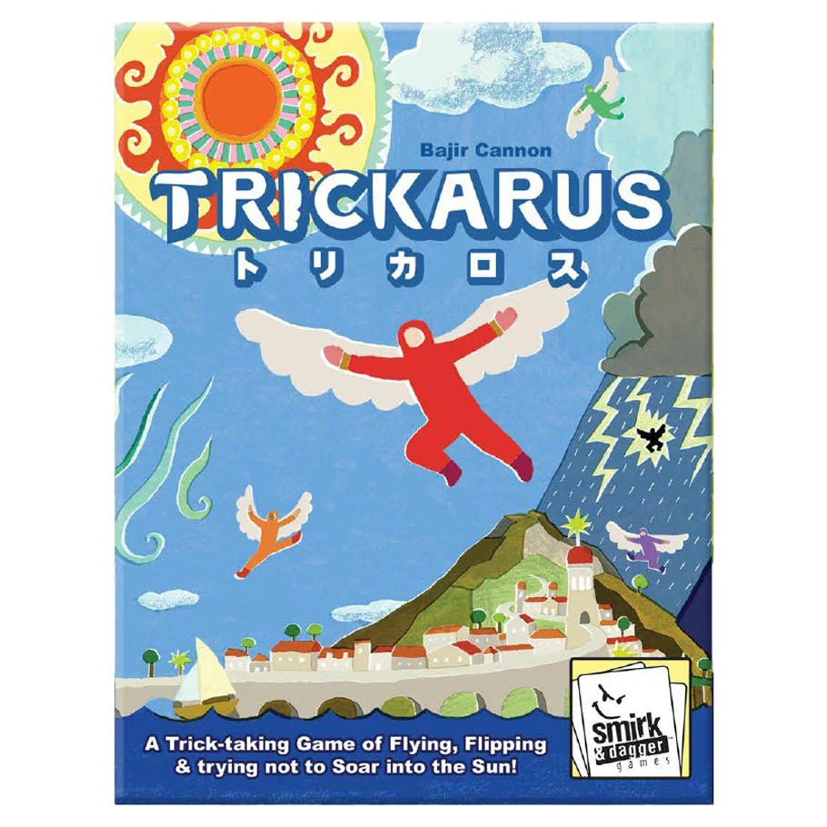 Trickarus board game box featuring flying figures, mountains, sea, and sun; Icarus-themed trick-taking game.