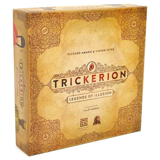 Trickerion: Legends of Illusion board game box showing themed designs for magic tricks and stage illusionists.