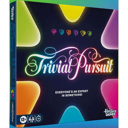 Trivial Pursuit Refresh edition game box with neon segments and the slogan: Everyone’s an expert in something.