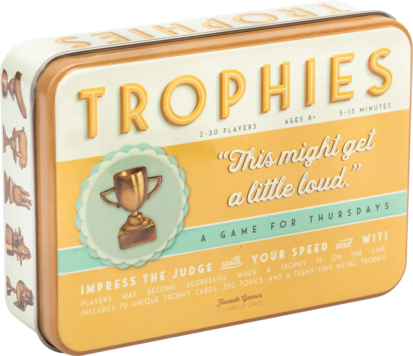 Trophies rectangular tin word party game with gold trophy design on packaging.