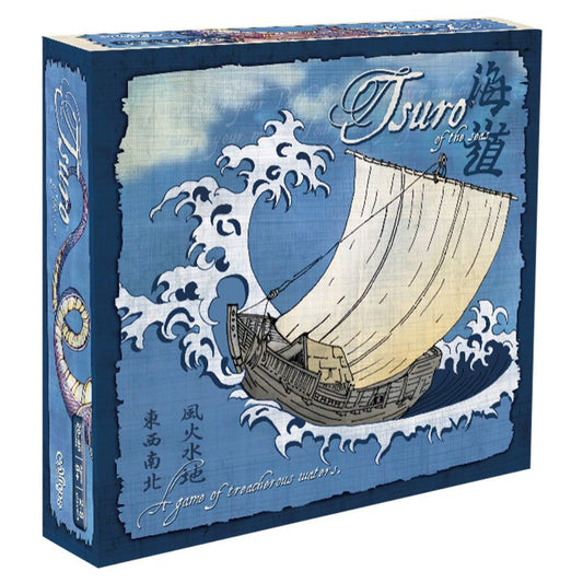 Tsuro of the Seas board game box for 2-8 players; sailing ship on stylized ocean waves.