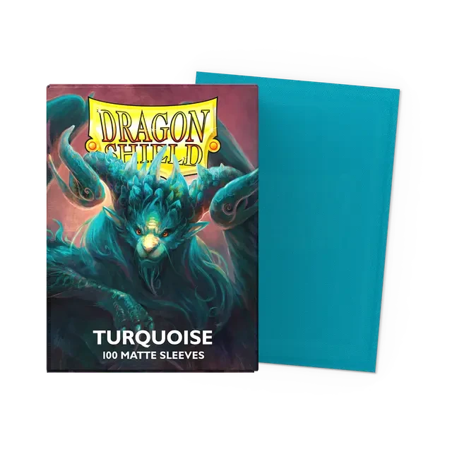 Dragon Shield Standard Sleeves 100 Count Box, Turquoise Matte with blue creature design for card protection.