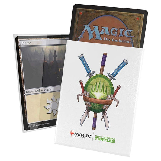 Two Magic: The Gathering cards in Ultimate Guard TMNT Planeswalker Symbol sleeves with sword and shell designs.