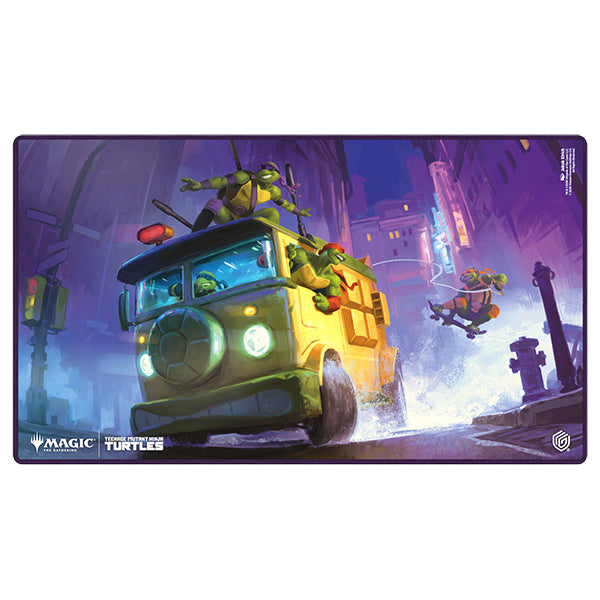 MTG Teenage Mutant Ninja Turtles Playmat featuring four Ninja Turtles leaping from a yellow van on a neon city background.