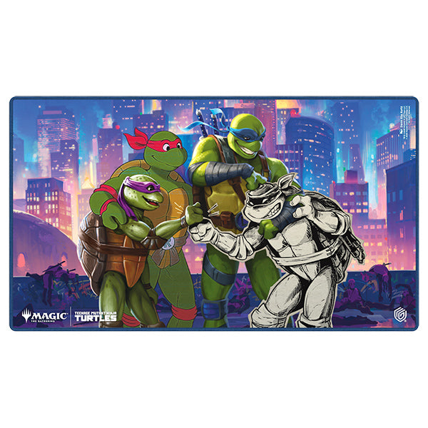 MTG Teenage Mutant Ninja Turtles playmat showing the turtles high-fiving on a city skyline, officially licensed.