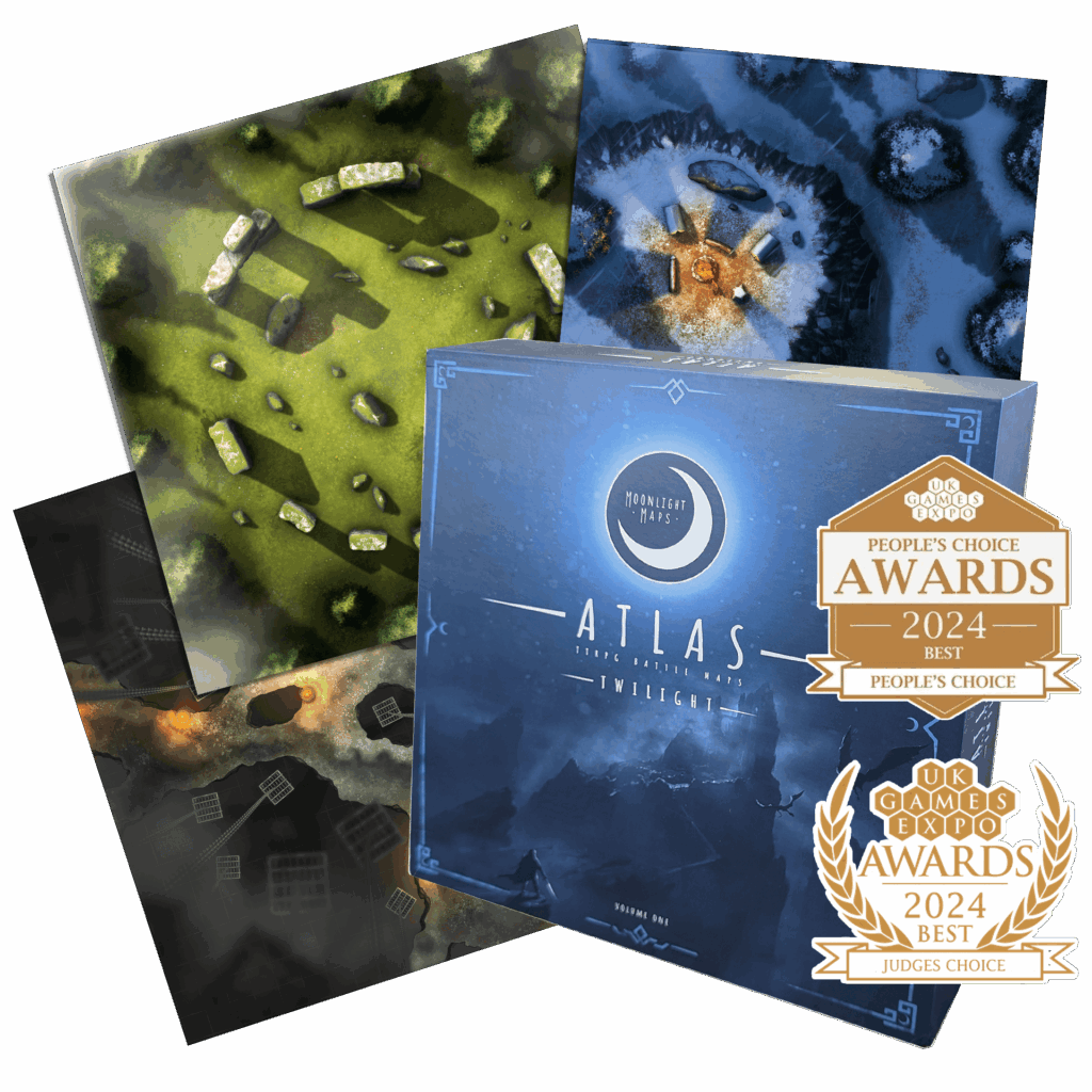 ATLAS Physical Map Packs box with DnD maps, three illustrated boards, and two award badges.