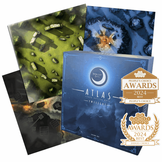 ATLAS Physical Map Packs box with DnD maps, three illustrated boards, and two award badges.