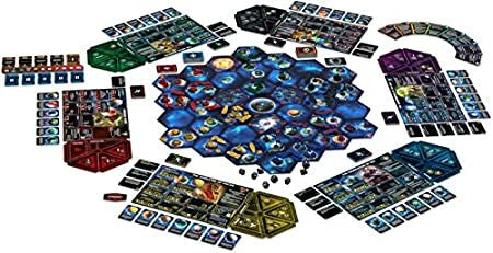 Twilight Imperium: 4th Edition board game with hex tiles arranged around a central board.