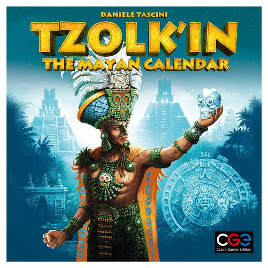 Tzolkin: The Mayan Calendar board game with artwork featuring a Mayan ruler, skull, and ancient temples.