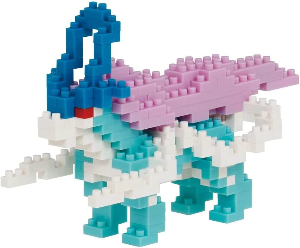Blue, white, and purple Pokemon Nanoblock Suicune figurine constructed from small bricks.