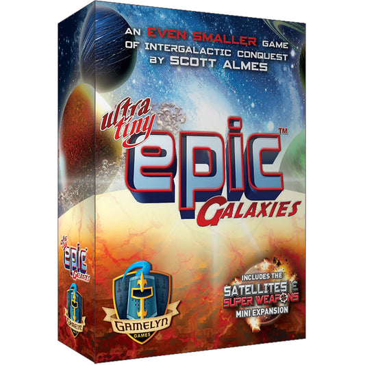 Ultra Tiny Epic Galaxies box with mini expansion; packaging shows planets and a space-themed background.