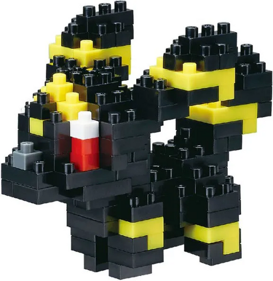 Pokemon Nanoblock Umbreon figure built from small black and yellow bricks, pixelated style.