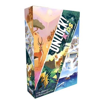 Unlock Kids – Legendary Stories escape room card game with colorful adventure-themed box and bold white title text.