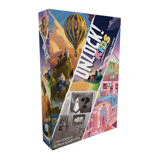 UNLOCK Kids game box with childrens illustrations, hot air balloon, and adventure-themed artwork on the packaging.