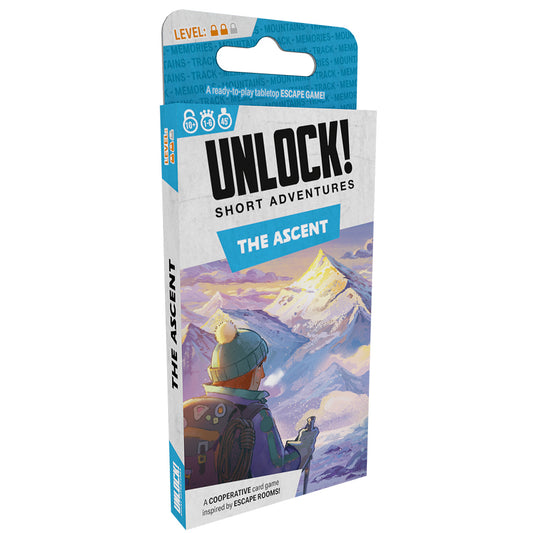 UNLOCK Short: The Ascent game box, mountain escape room card game with a hiker in snowy peaks on the cover.