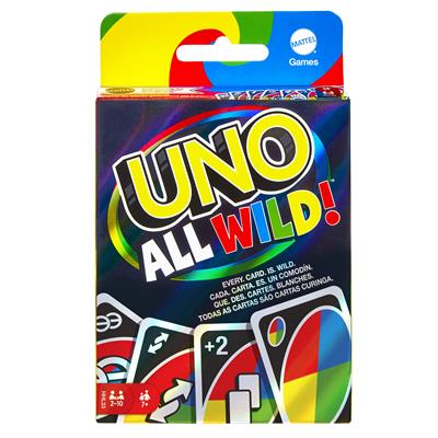 UNO All Wild game box front with wild cards and large UNO All Wild title visible.