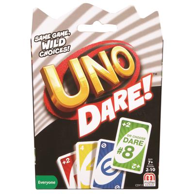 UNO Dare card game with packaging displaying the phrase “Same game, wild choices”.