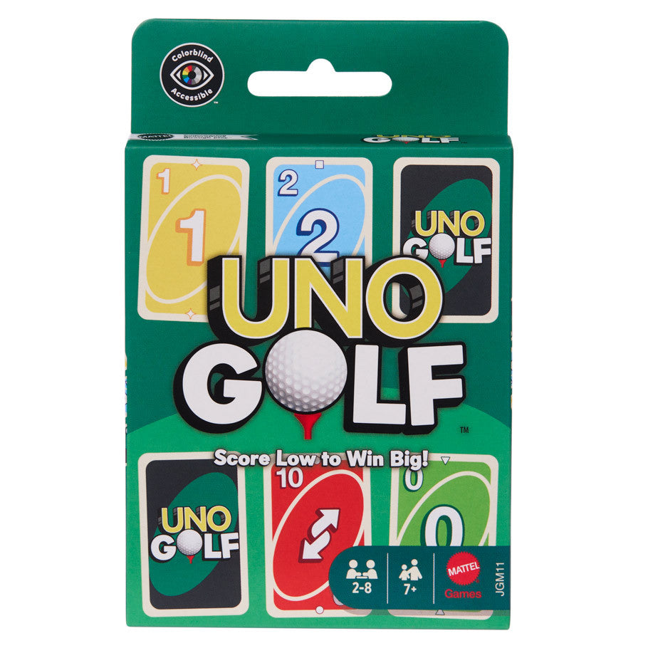 UNO Golf game with colorful cards, a golf ball, and the text “Score Low to Win Big” on the box.