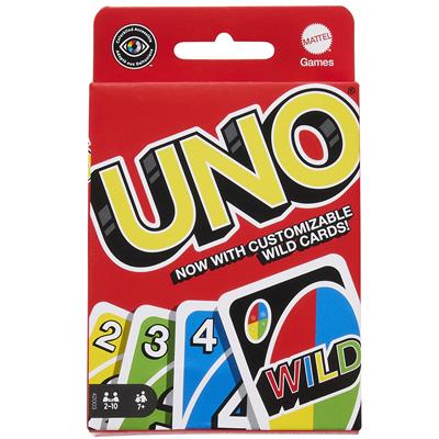 UNO Card Game in a red box with colorful cards, including a Wild card; for ages 7 and up.