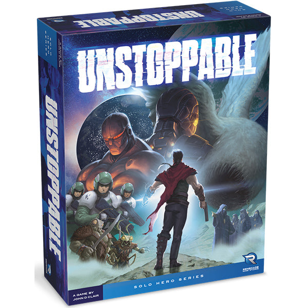 Unstoppable Solo Hero Series cooperative card game box featuring a man with a red scarf and giant robots.