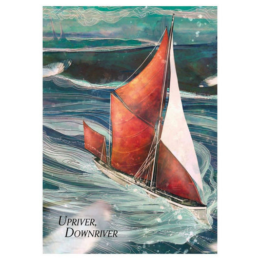 Upriver, Downriver game packaging featuring a red-sailed boat on blue-green waves.