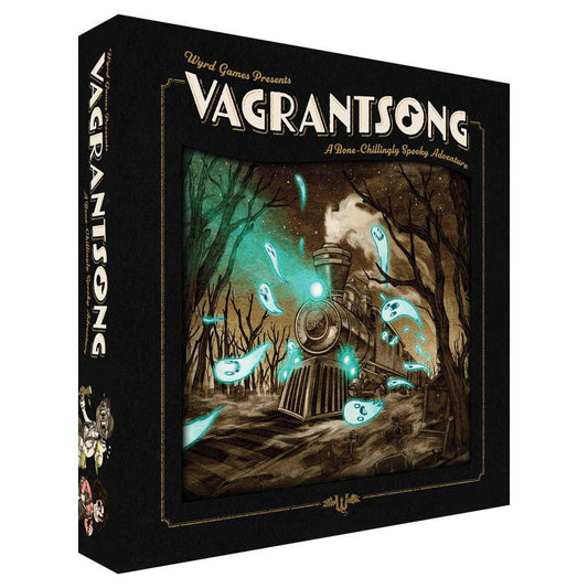 Vagrantsong board game featuring ghostly foes, set on a haunted train and in dark forests. Cooperative boss battler.