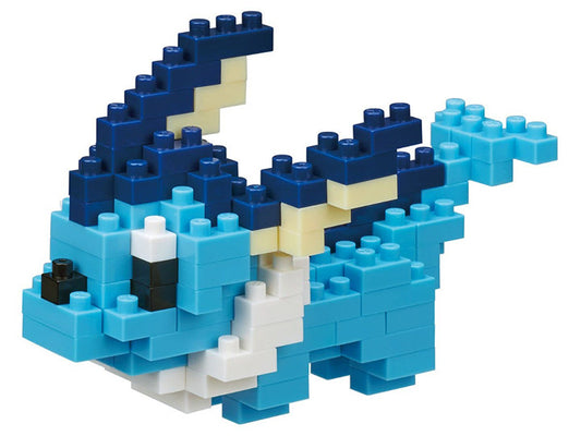 Pokemon Nanoblock Vaporeon, assembled as a small blue and white aquatic figure made from interlocking bricks.