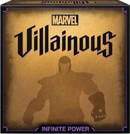 Marvel Villainous: Infinite Power board game box featuring a shadowy figure with a gauntlet on a gold background.