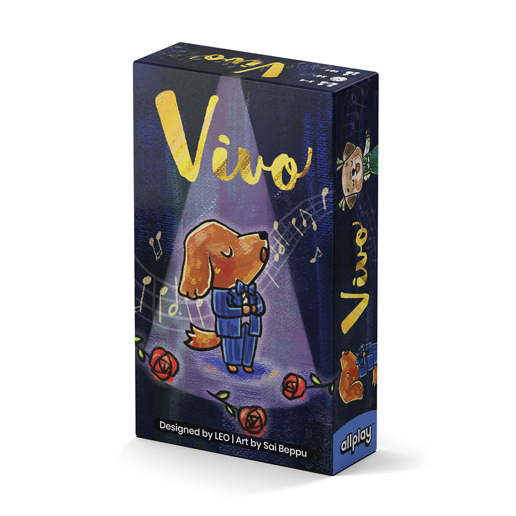 Vivo card game box featuring a dog in a blue suit singing on stage with musical notes.