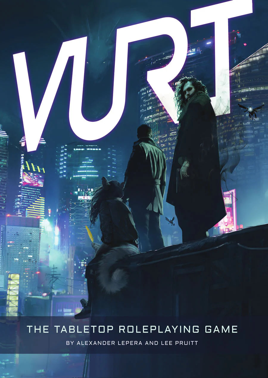 Vurt the RPG tabletop roleplaying game title with three figures on a rooftop above a neon city.