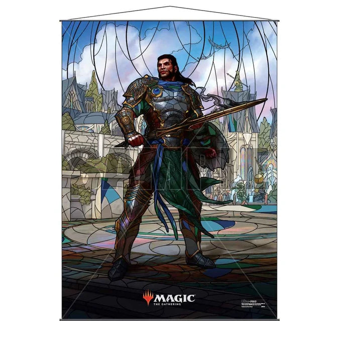 Magic: The Gathering War of the Spark Gideon Blackblade wall scroll featuring stained glass planeswalker art.