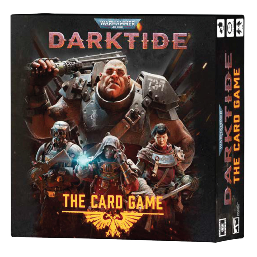 Warhammer 40,000: Darktide the Card Game box with four armored characters and the game’s logo.