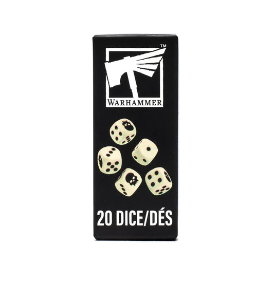 Warhammer Dice (2026) box containing five cream acrylic dice with black pips, labeled 20 DICE/DÉS at the bottom.