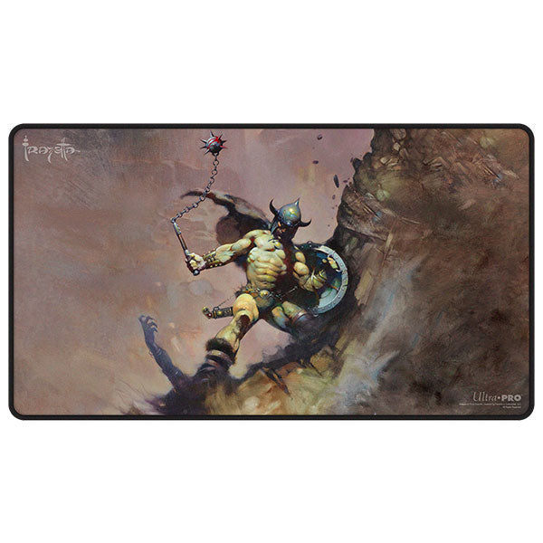 Playmat: Black Stitched - Artist Spotlight Frank Frazetta featuring leaping warrior with ball, chain, and shield.