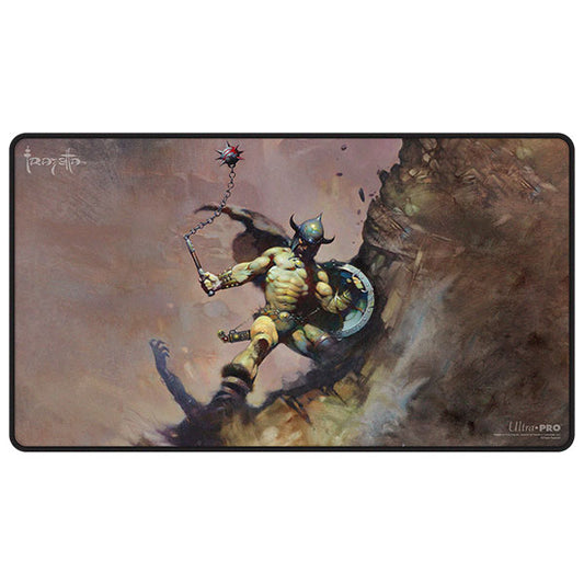 Playmat: Black Stitched - Artist Spotlight Frank Frazetta featuring leaping warrior with ball, chain, and shield.