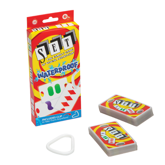 SET Waterproof Card Game with red box, two decks, and a white clip.