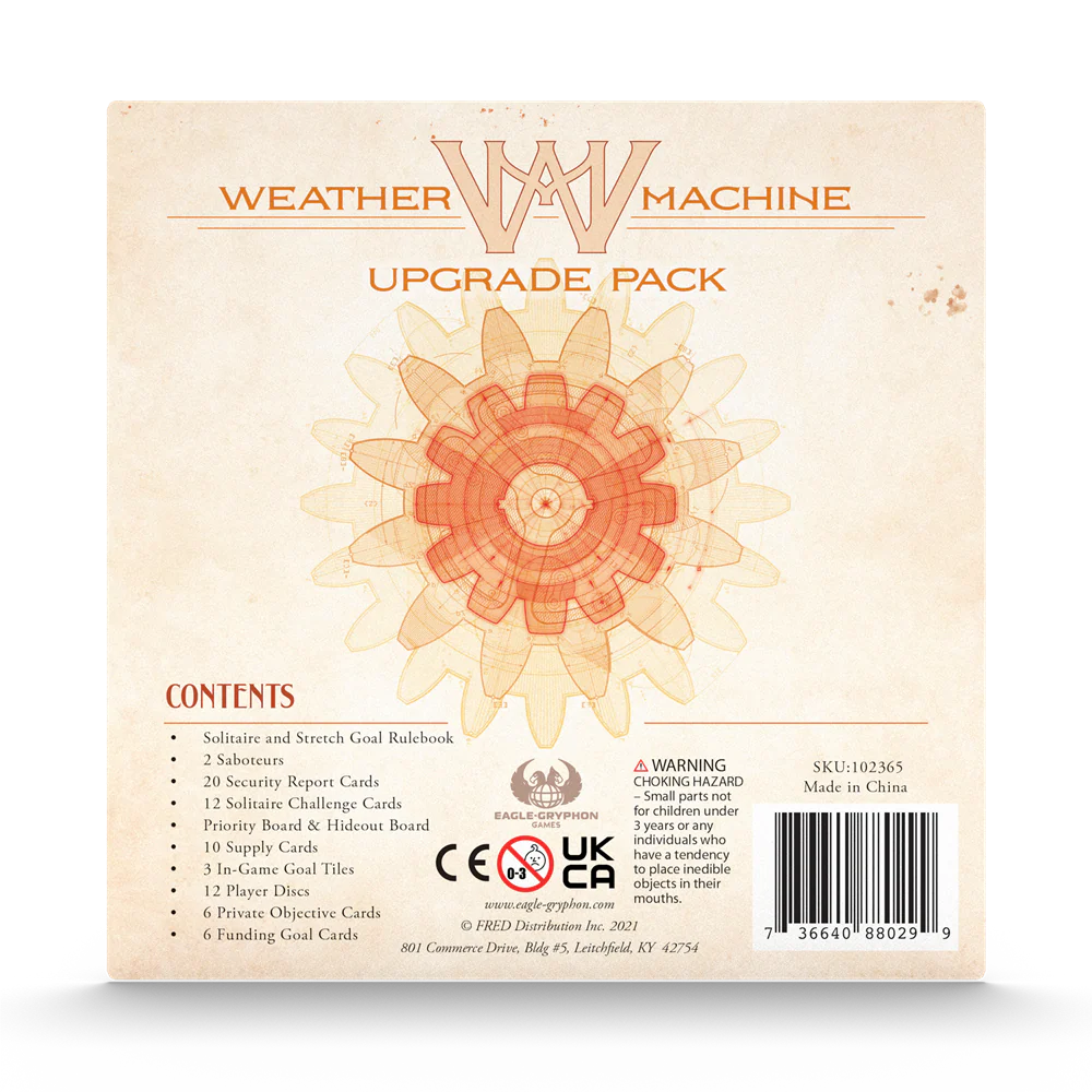 Back of Weather Machine: Upgrade Pack box with contents list and solo version details.