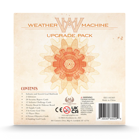 Back of Weather Machine: Upgrade Pack box with contents list and solo version details.