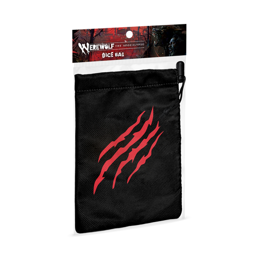 Werewolf: The Apocalypse dice bag with red claw mark and Garou symbol.