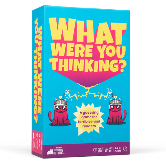 Blue game box labeled What Were You Thinking? with two cartoon cats, party game edition.