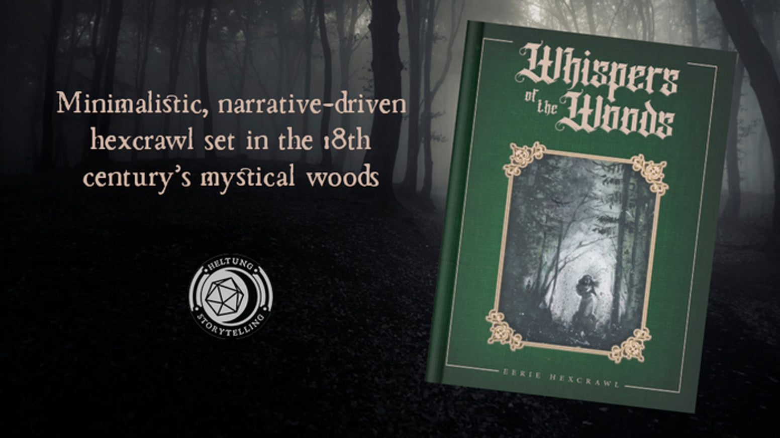 Whispers of the Woods green book floating above a misty forest.