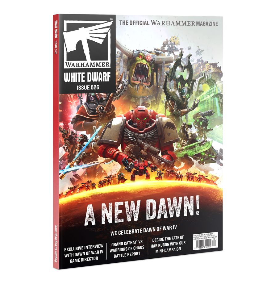 White Dwarf Issue 526 (July 2026) cover displaying warriors in battle and the headline A New Dawn.