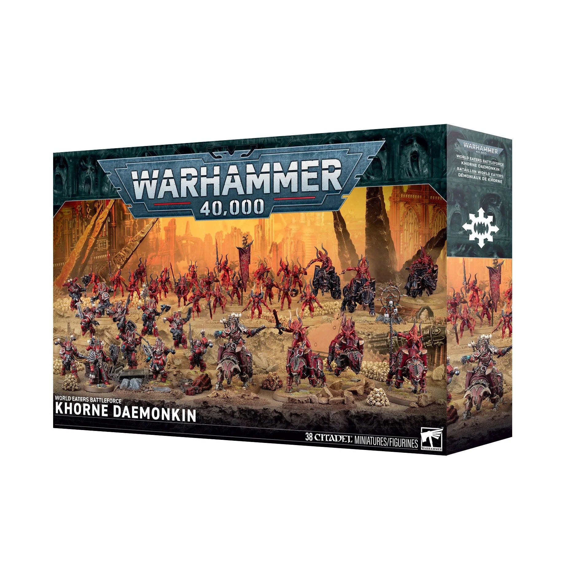 Warhammer 40,000 World Eaters Khorne Daemonkin Battleforce with Bloodletters and miniatures in a war-torn setting.