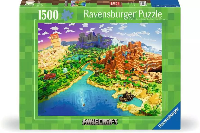 World of Minecraft Puzzle, 1500 pieces, showing a colorful block landscape split by a river.