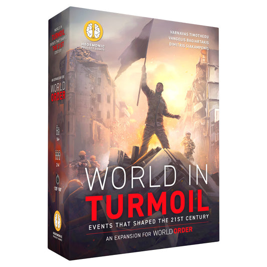 World Order: World in Turmoil Expansion box featuring a protester with a flag and ruined buildings.