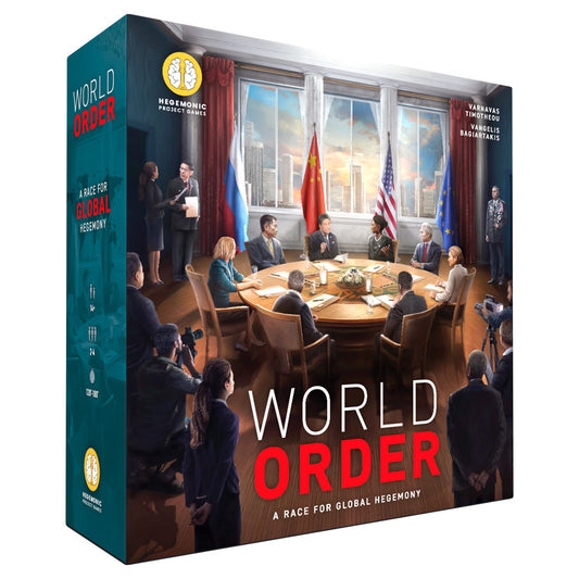 World Order strategy board game featuring global leaders sitting at a round table.