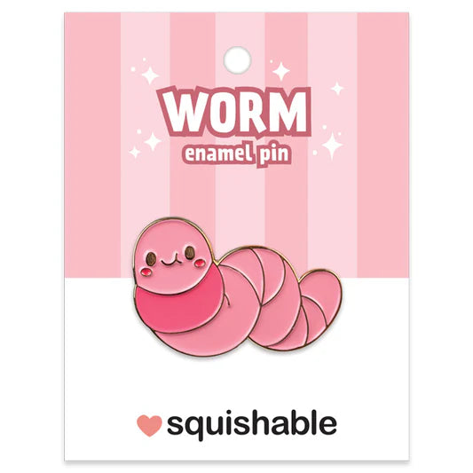 Enamel pin featuring a pink worm with a smile, displayed on a 4cm x 3cm pink-striped backing card.