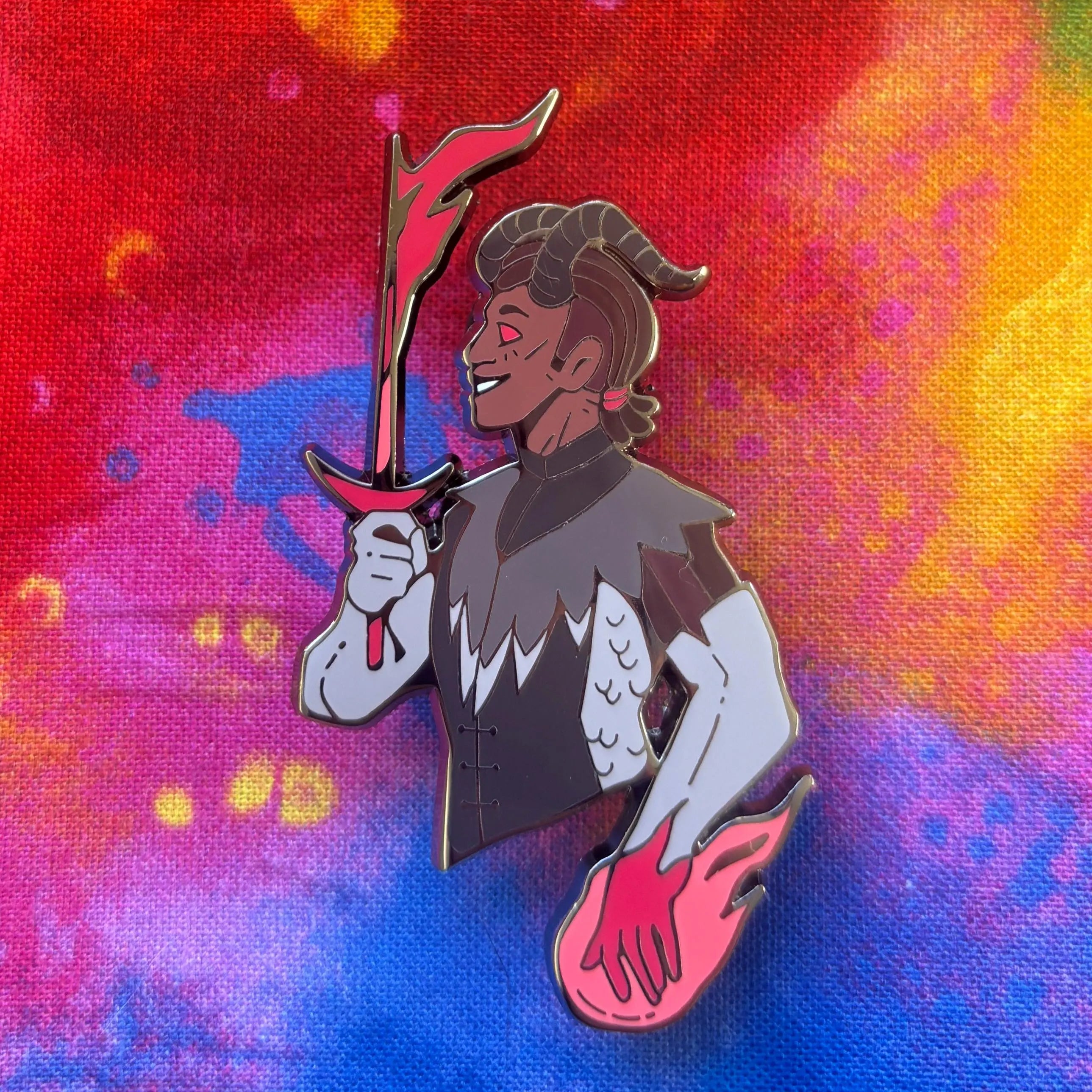 Wyll Dual Destinies Pin: Blade of Avernus featuring a horned hero holding a flaming sword.