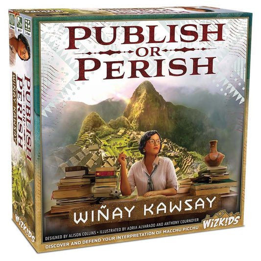 Publish or Perish: Winay Kawsay board game box with Machu Picchu, woman scholar, and academic reputation imagery.