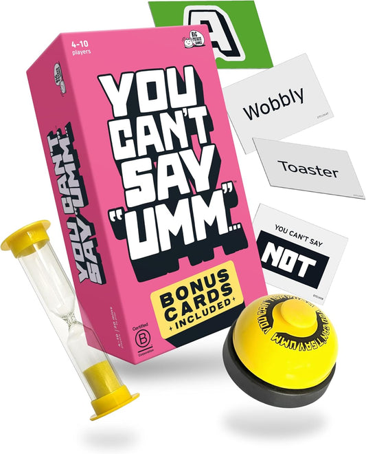 You Cant Say Umm party game set with pink box, cards, timer, and yellow buzzer.